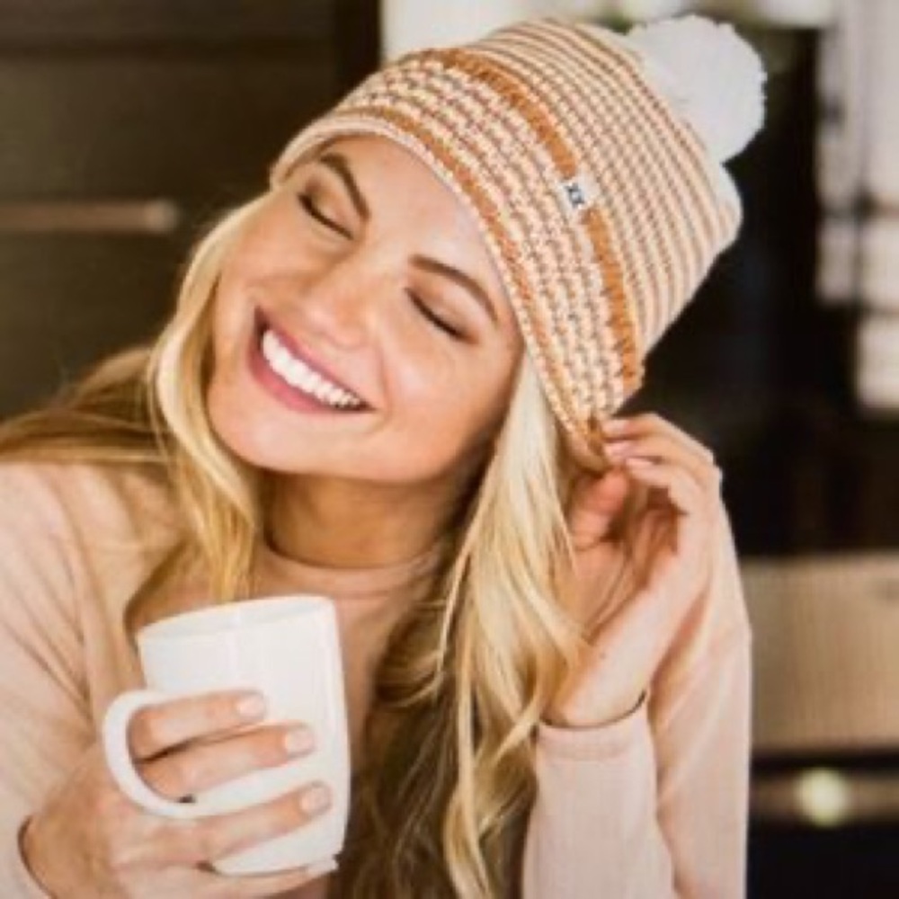BRAND NEW | White & Dark Orange Knit Pom Beanie | Sparkle Striped Winter Hat